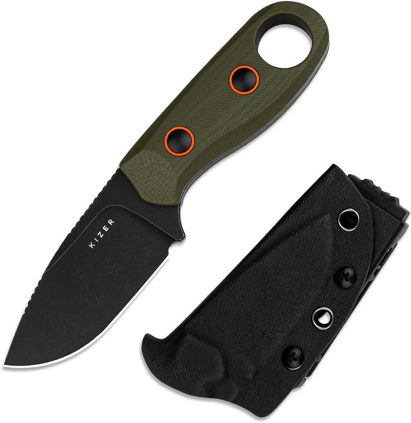 KIZER Beaver Fixed Blade Knife with Sheath, 2.75" D2 Blade EDC Camping Fixed Blade Knife with Olive Green G10 Handle, Small Bushcraft Survival Knives, Outdoor Hunting Knives for Men Women, 1078A1 - Image 1